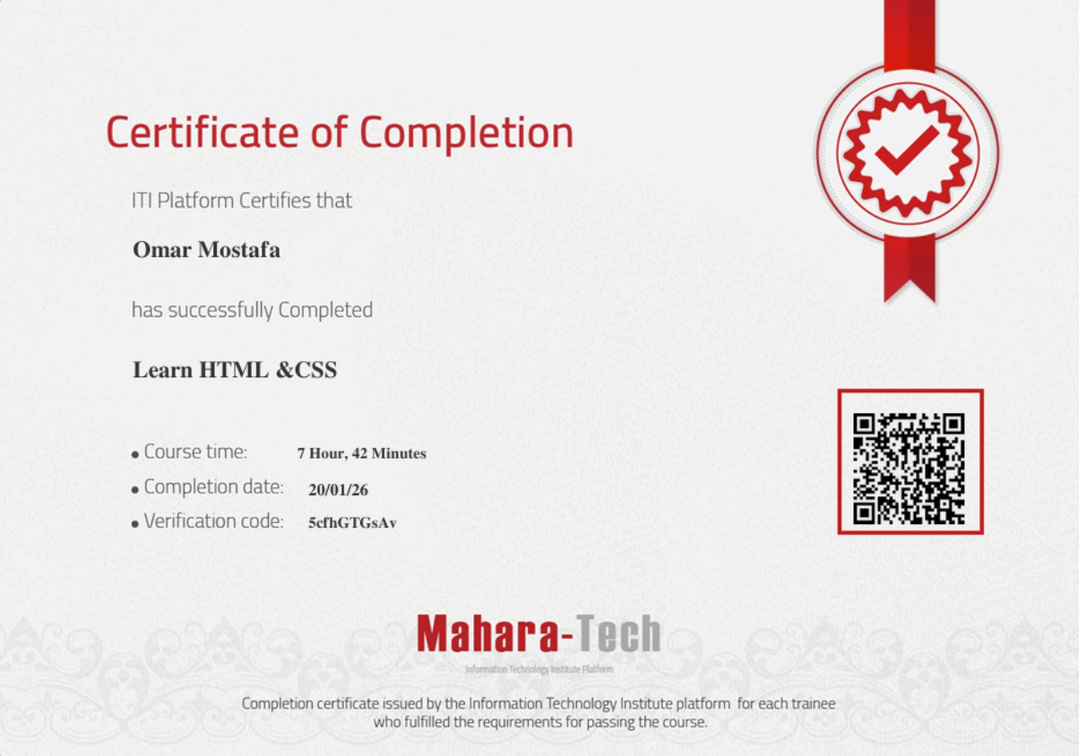 HTML & CSS Certificate — Mahara Tech / IT Institute