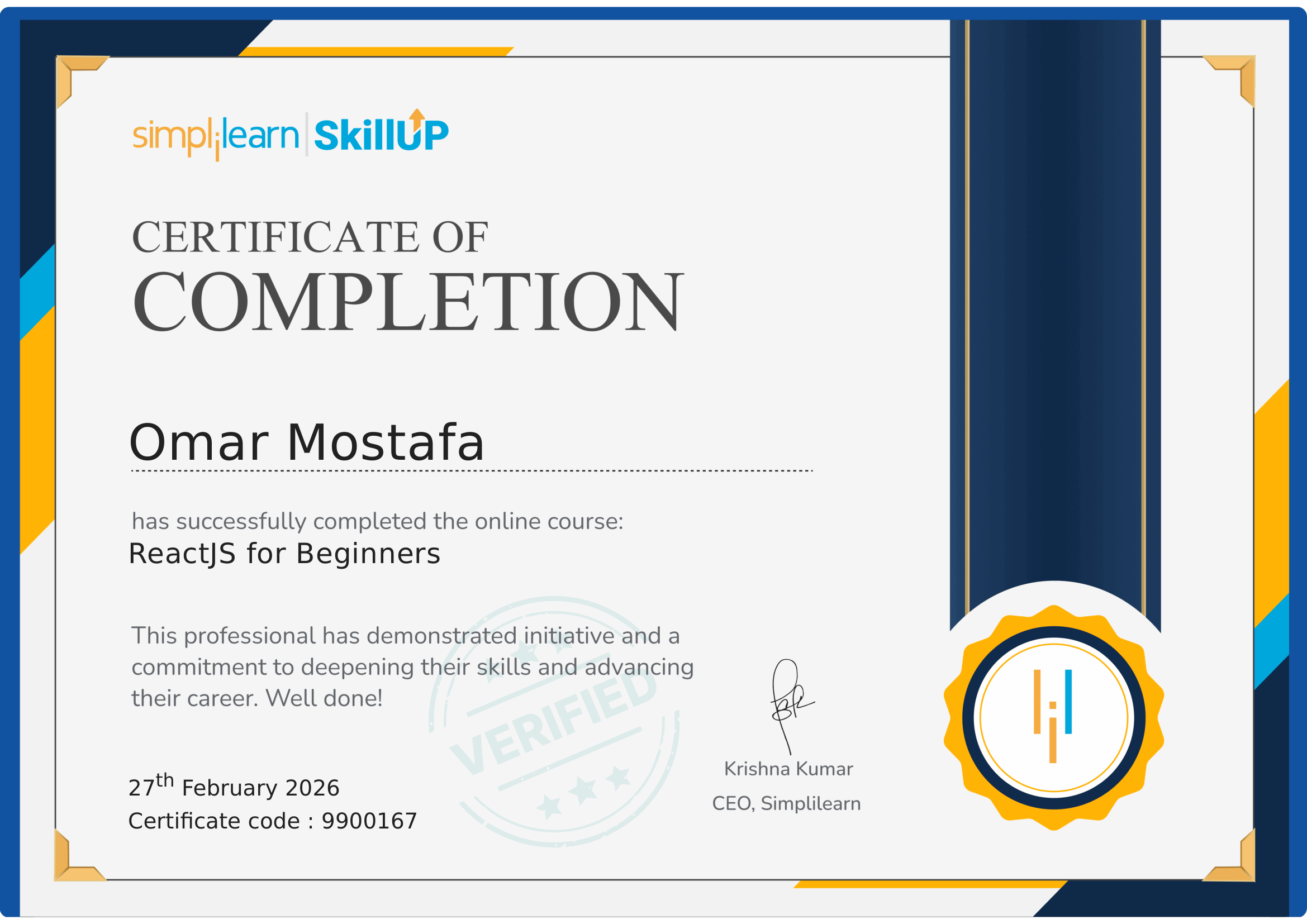 ReactJS Professional Certification — SkillUp / Simplilearn